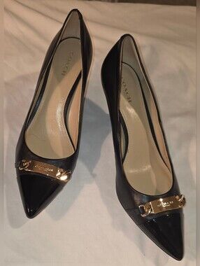 Coach Bowery Smooth & Patent Leather Pointed Toe Kitten Heels with Gold Chain